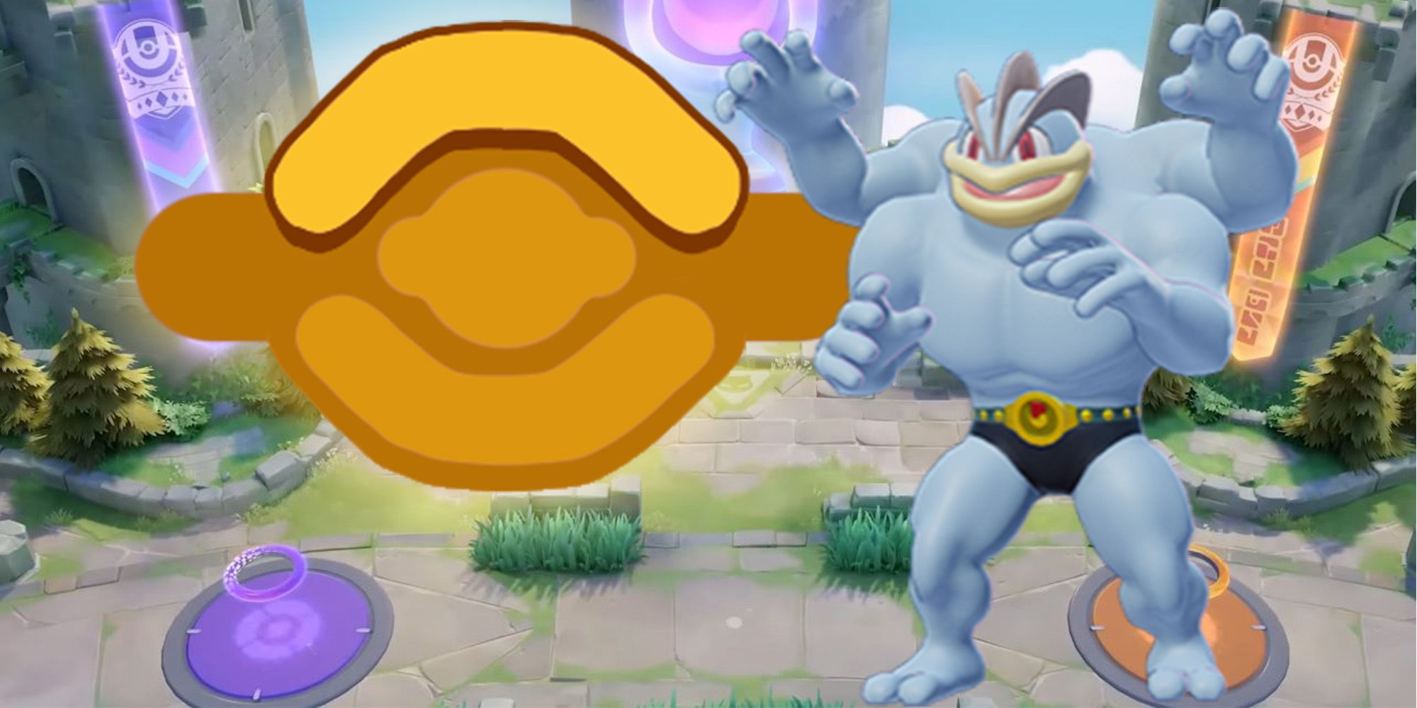 Machamp avec le symbole Top Lane derrière.  voie du haut des ruines du ciel de Theia vues en arrière-plan