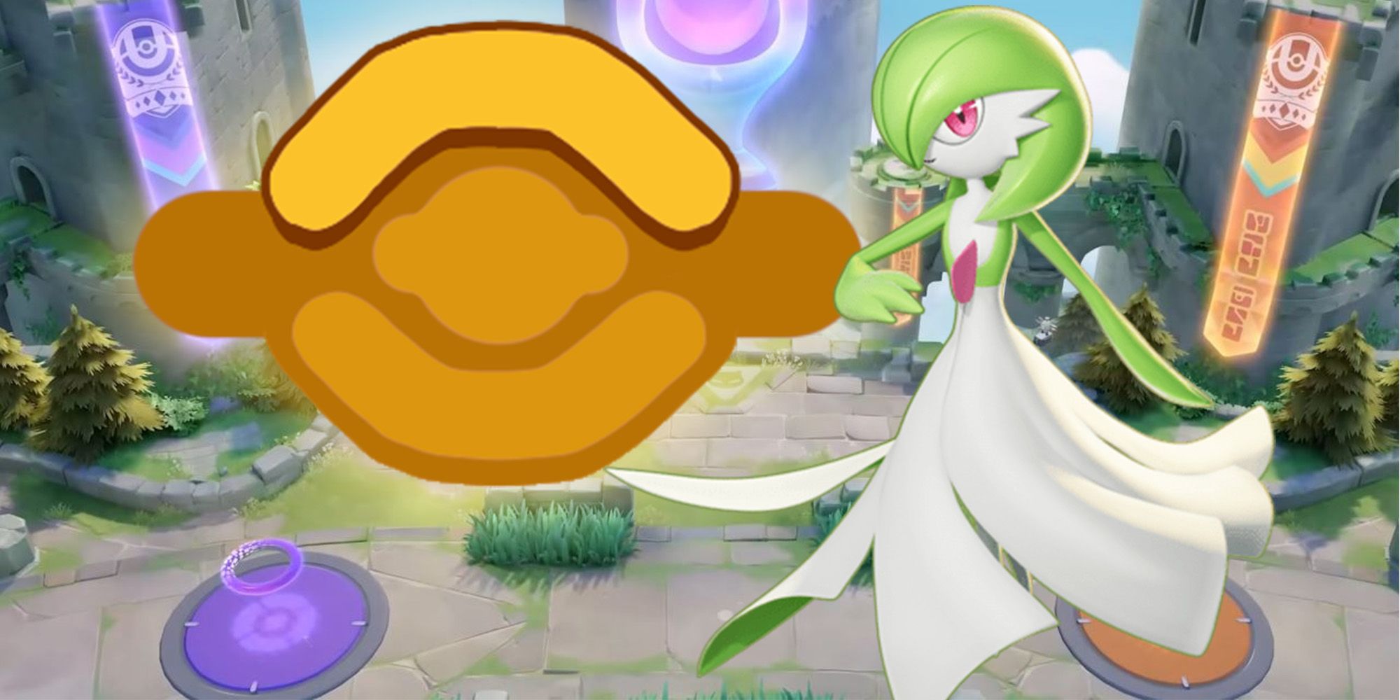 Gardevoir avec le symbole Top Lane derrière.  voie du haut des ruines du ciel de Theia vues en arrière-plan