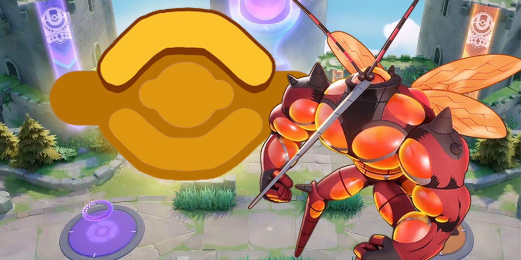 Buzzwole avec le symbole Top Lane derrière.  voie du haut des ruines du ciel de Theia vues en arrière-plan