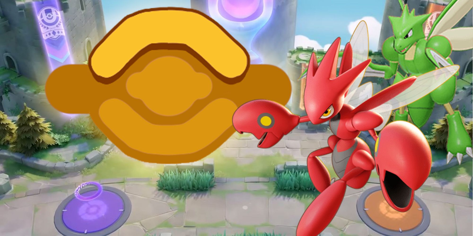 Scizor et Scyther avec le symbole Top Lane derrière.  voie du haut des ruines du ciel de Theia vues en arrière-plan