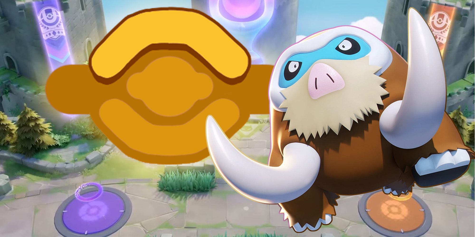 Mamoswine avec le symbole Top Lane derrière.  voie du haut des ruines du ciel de Theia vues en arrière-plan