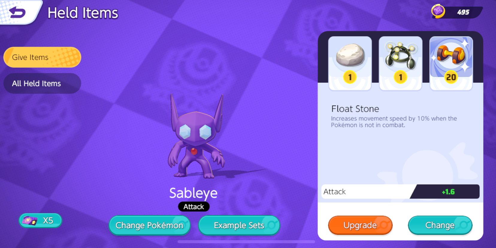 Sableye Écran de sélection d'objets tenus avec Float Stone, Exp.  Partage et poids d'attaque choisis