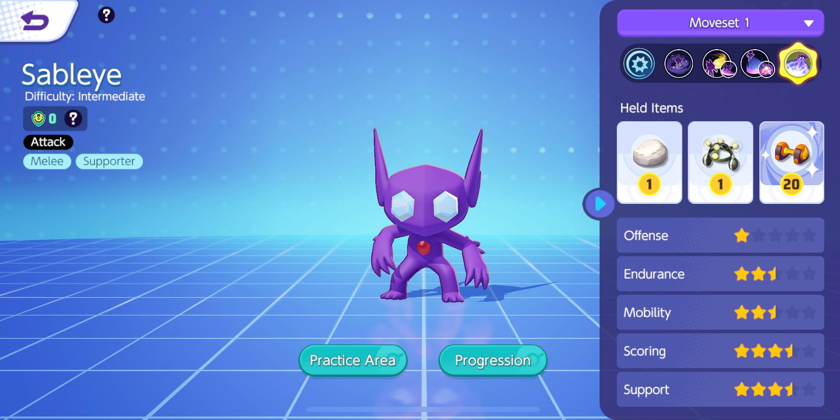 Écran de statistiques Sableye de Pokemon Unite