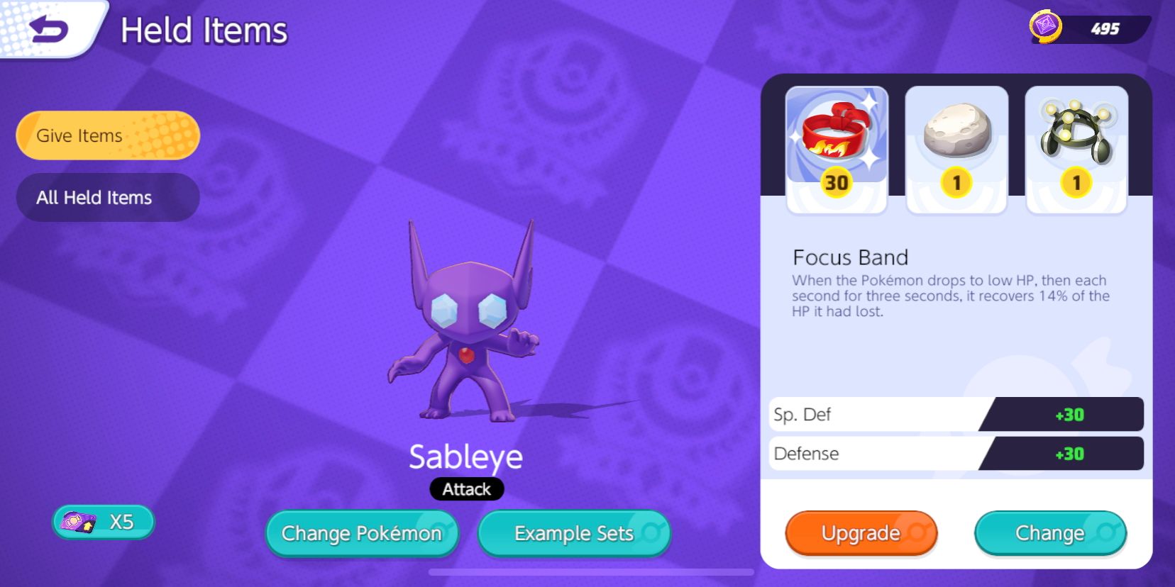 Écran de sélection Sableye Held Item avec Focus Band, Float Stone et Exp.  Partager choisi