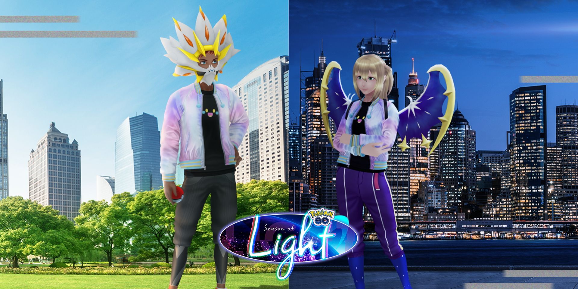 Une image divisée des avatars Pokemon Go, l'un portant des cosmétiques Solgaleo et l'autre portant des cosmétiques Lunala