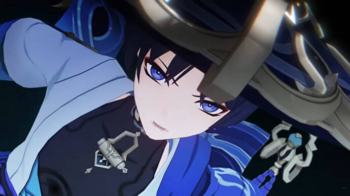 Build Genshin Impact Wanderer: Un jeune homme animé aux cheveux noirs et aux yeux violets regarde devant lui avec un regard déterminé