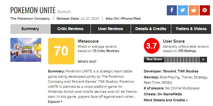 Pokemon Unite sur Metacritic