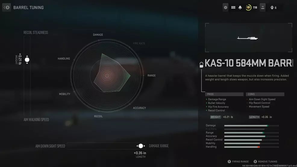Un graphique en toile d'araignée montrant les attributs d'une arme dans Modern Warfare 2