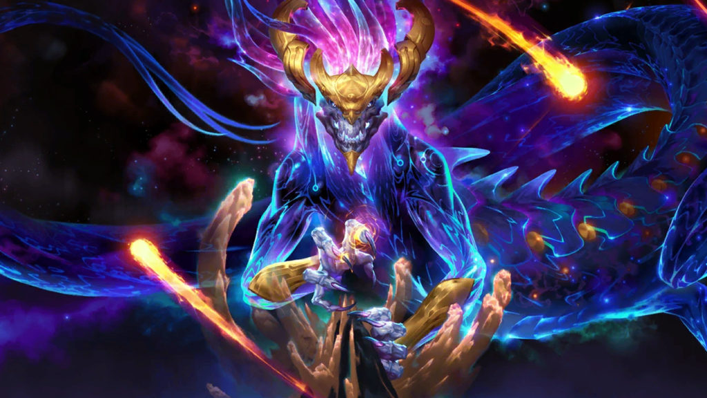 Le champion de la ligue Aurelion Sol plane au-dessus de la montagne avec des étoiles autour de lui.