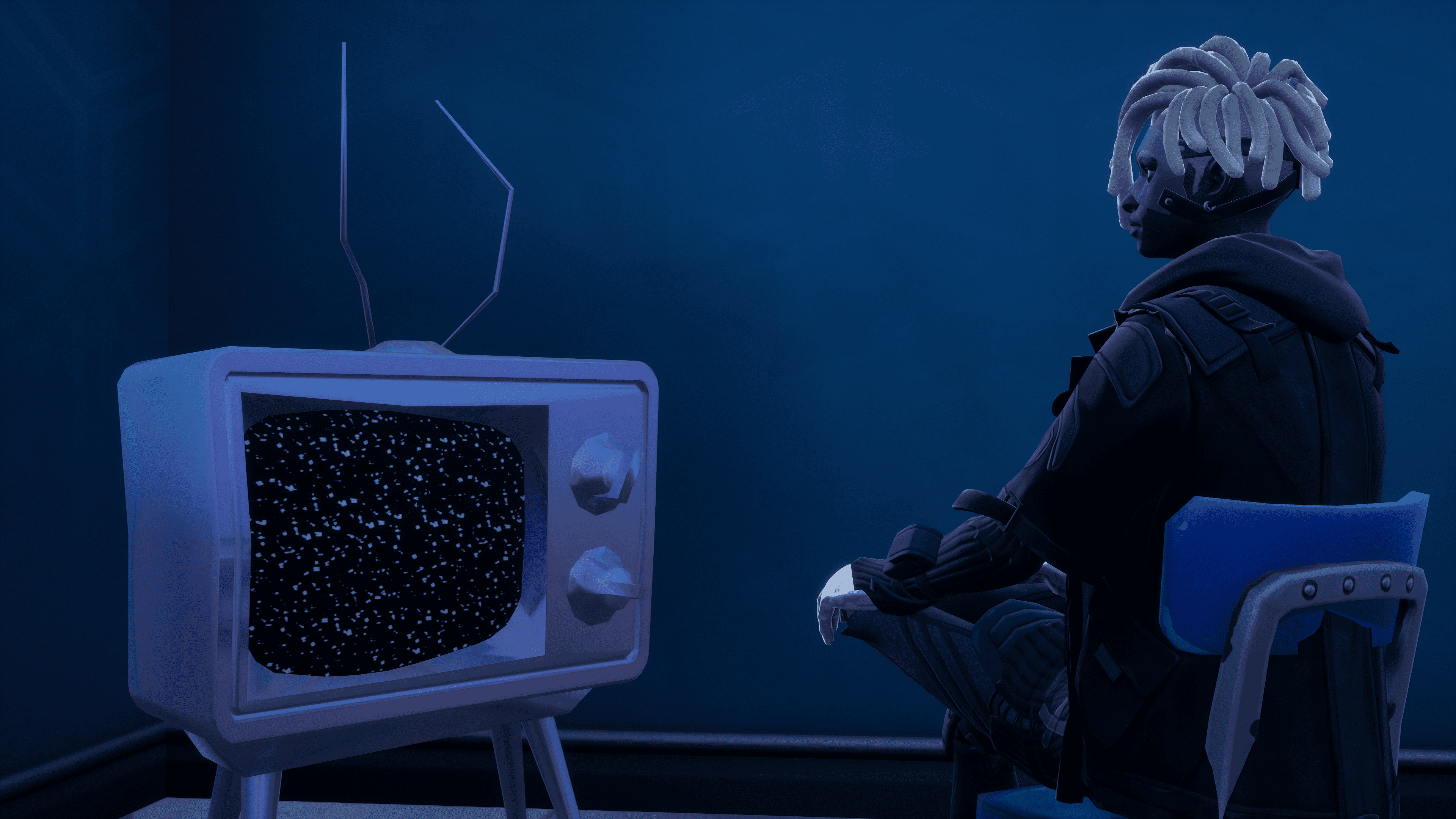 Octets Fortnite Chapitre 3 Saison 4 Bytes s'est assis en regardant une télévision brouillante dans Fortnite Chapter 3 Season 4