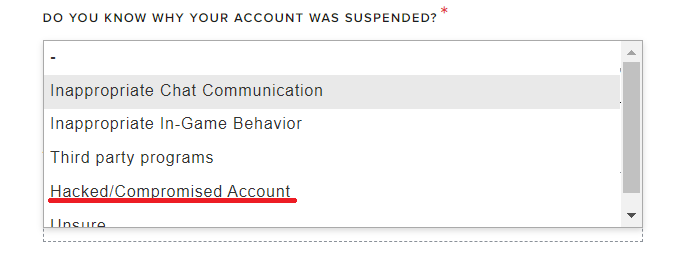 Choisissez l'option de compte piraté