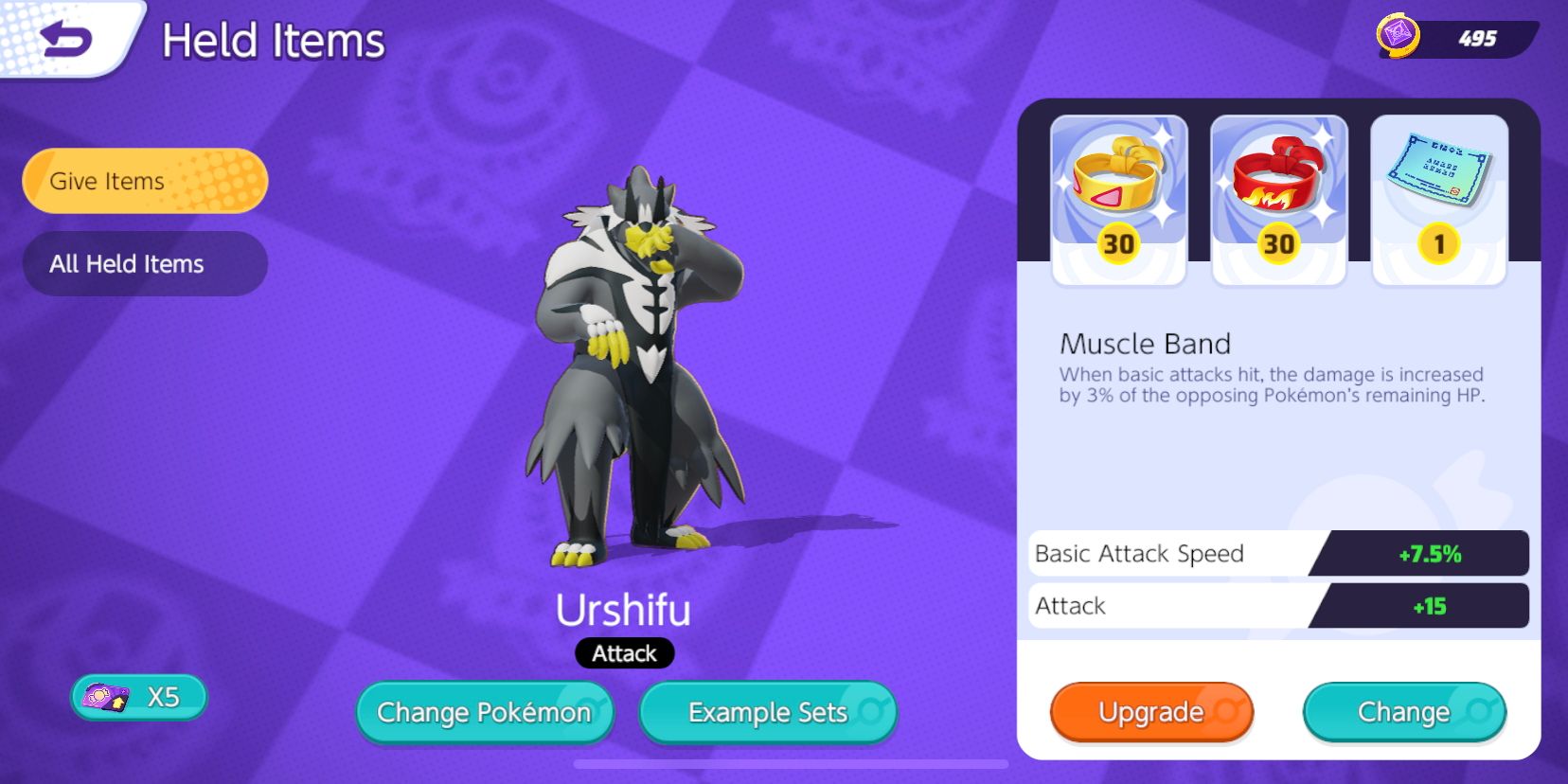 Écran de sélection de l'élément Urshifu Held avec Muscle Band, Focus Band et Weakness Policy choisis