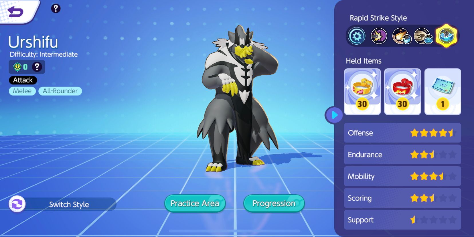 Urshifu à partir de l'écran de sélection de Pokémon, montrant ses objets conservés et ses statistiques