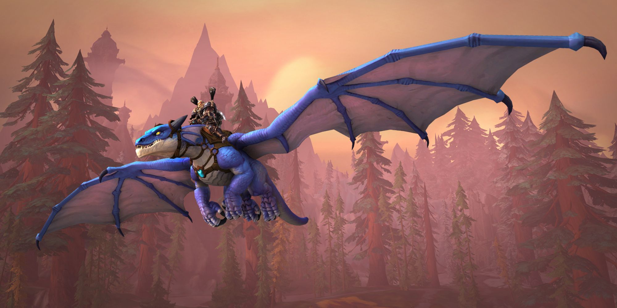 Un guerrier humain chevauchant un dragon dans World of Warcraft: Dragonflight