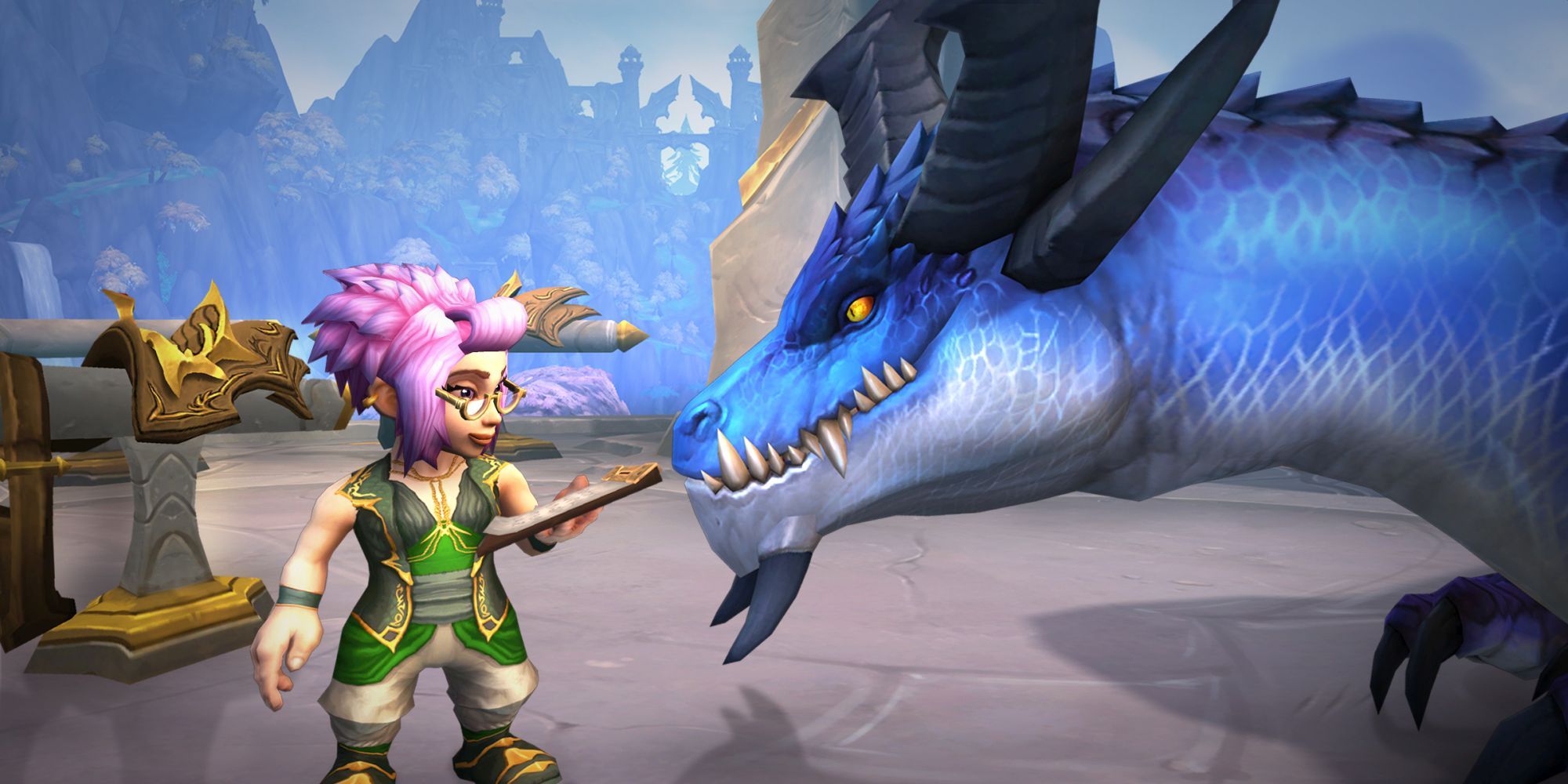 Un gnome portant des lunettes parle à un membre du Blue Dragonflight dans World of Warcraft