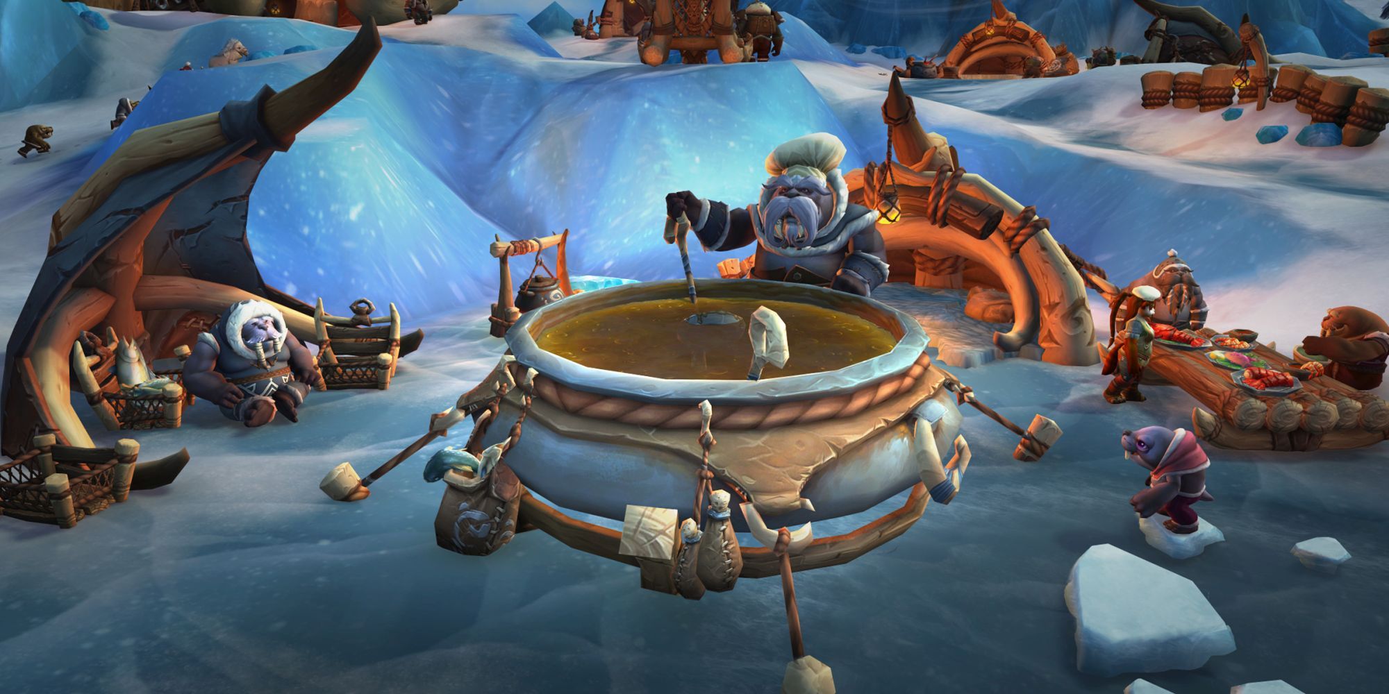 Un tuskaar cuisine dans une marmite dans un village tuskaar dans World of Warcraft: Dragonflight
