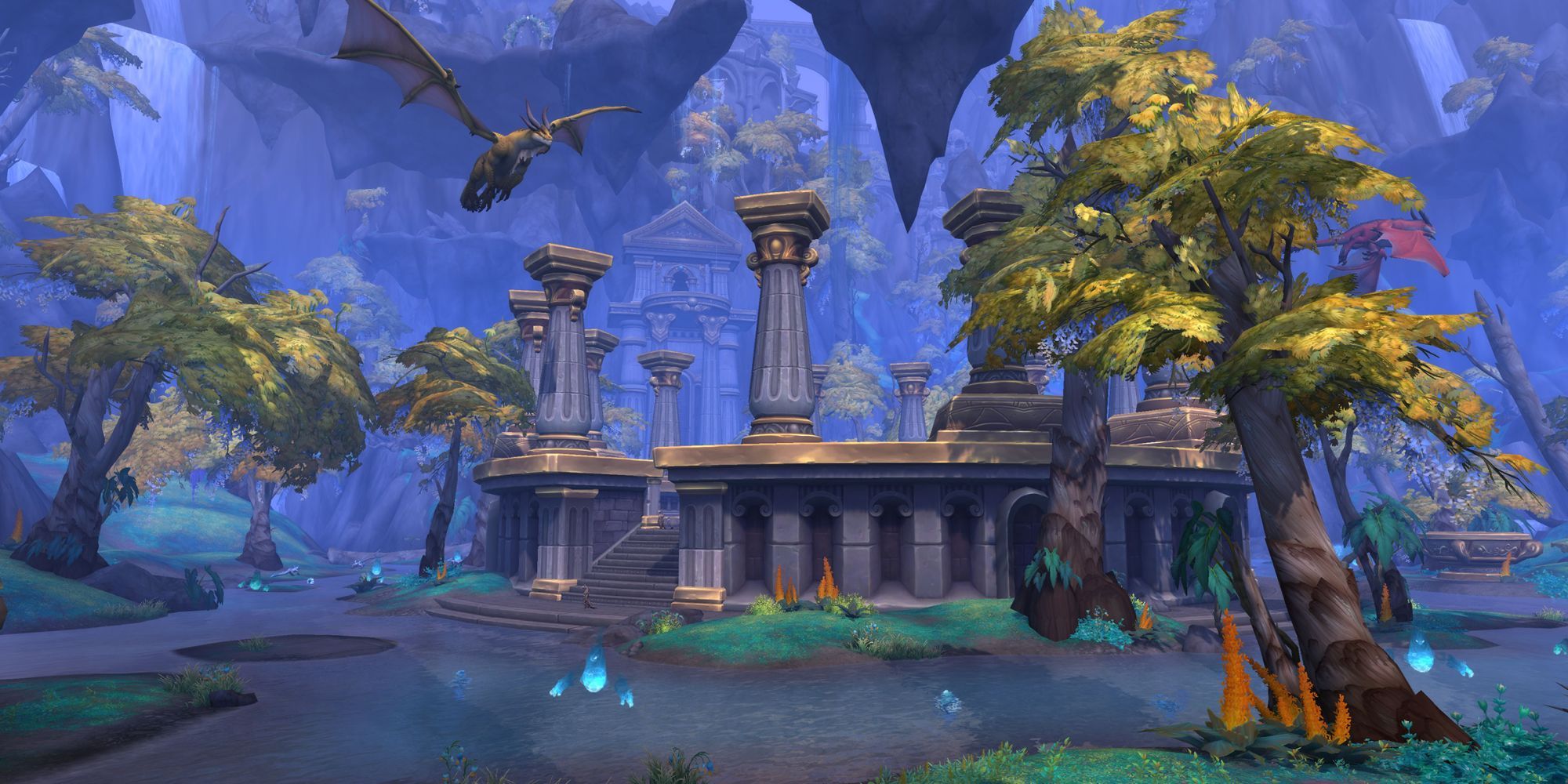 Un dragon de bronze vole au-dessus d'une structure de Titan dans World of Warcraft : Dragonflight