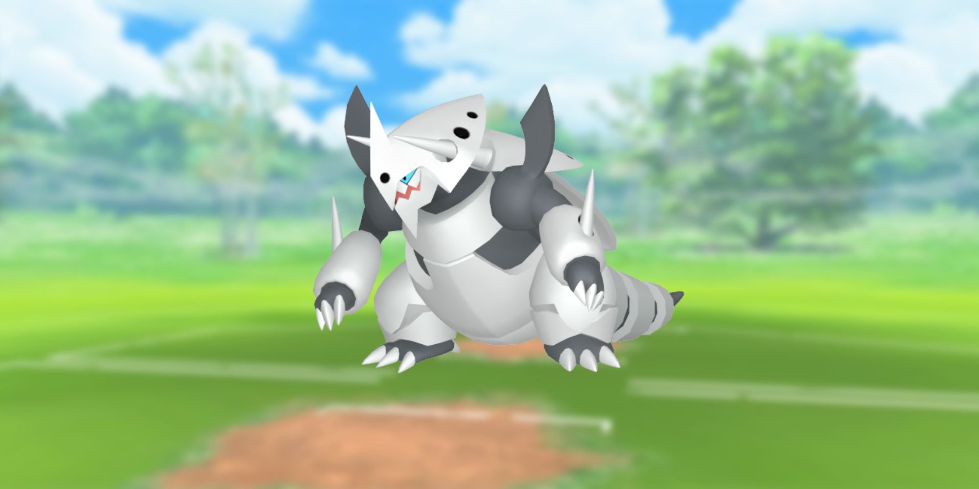 Mega Agron de Pokemon avec le champ de bataille de Pokemon Go en arrière-plan
