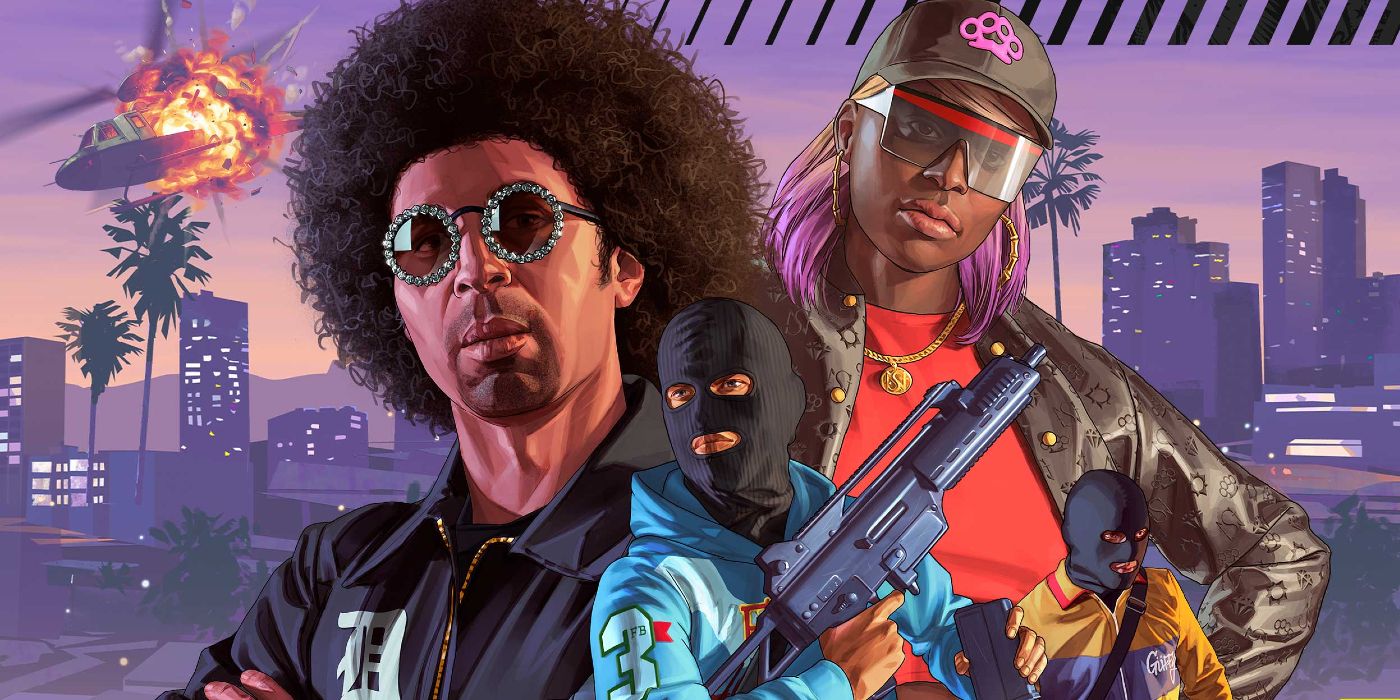 Illustration promotionnelle pour la mise à jour Los Santos Tuners de GTA Online.  Quatre personnages posent devant la ligne d'horizon de Los Santos, avec un hélicoptère qui explose et qui s'écrase au loin.
