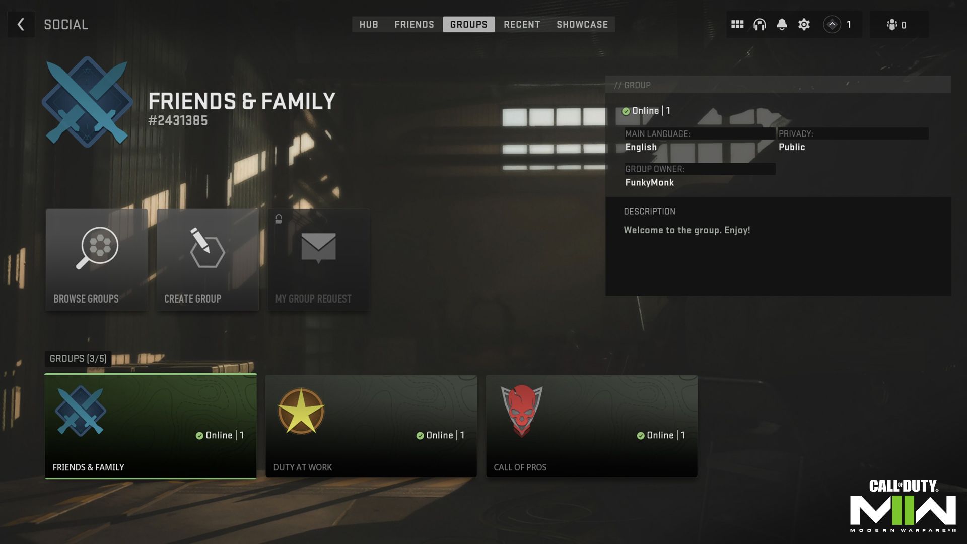 Onglet Groupes sur la page Social dans Modern Warfare 2