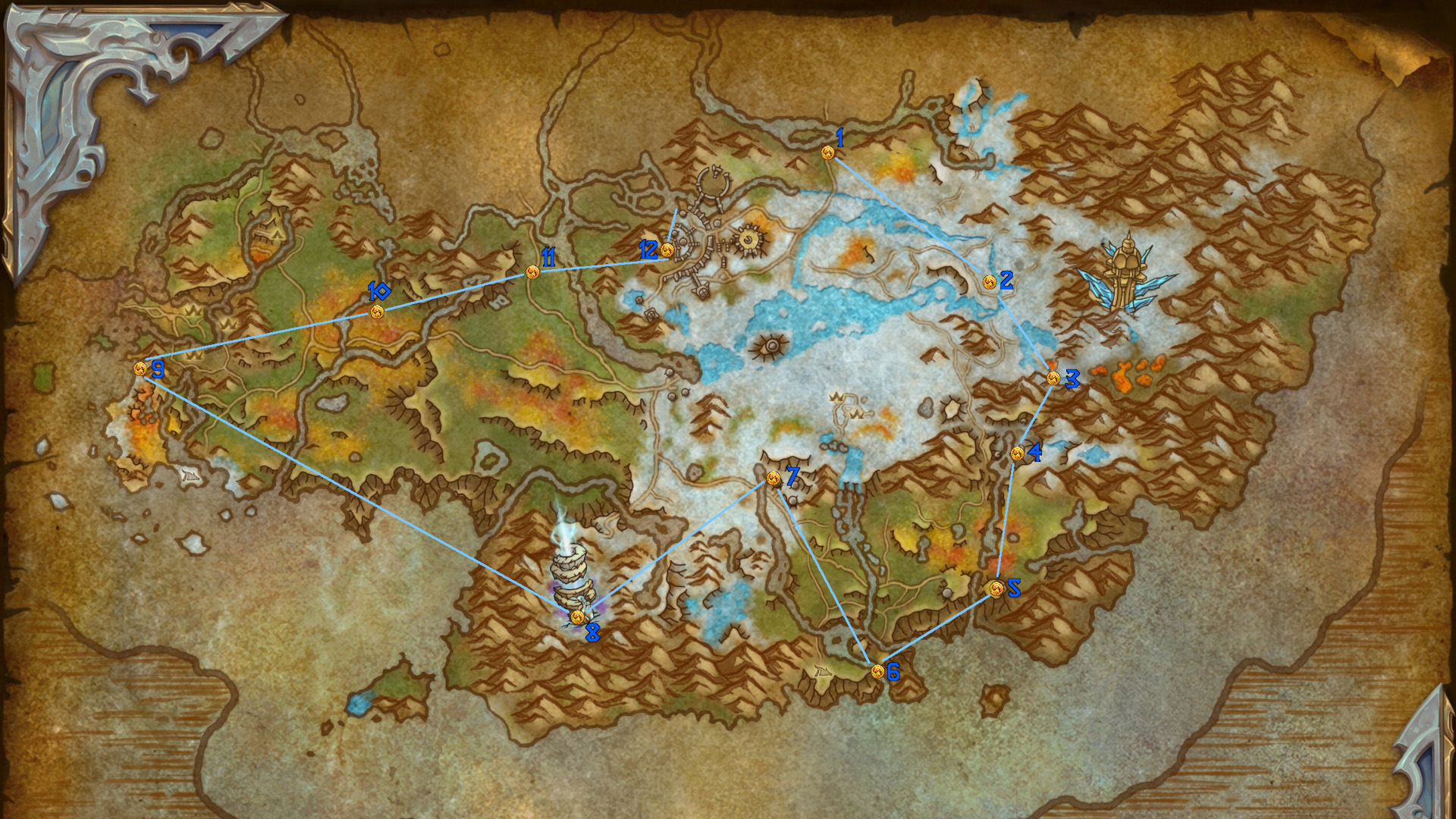 La carte World of Warcraft Dragonflight de l'Azure Span avec des épingles mettant en évidence les glyphes du dragon