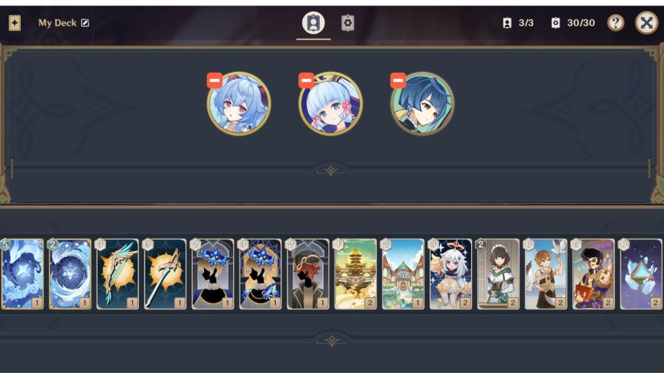 Un exemple de deck Genius Invokation TCG avec Ganyu, Ayaka et Xingqiu.  Ce deck s'appuie sur la réaction Freeze et présente Ganyu et Ayaka comme principaux donneurs de dégâts.  (Photo / s: HoYovere)
