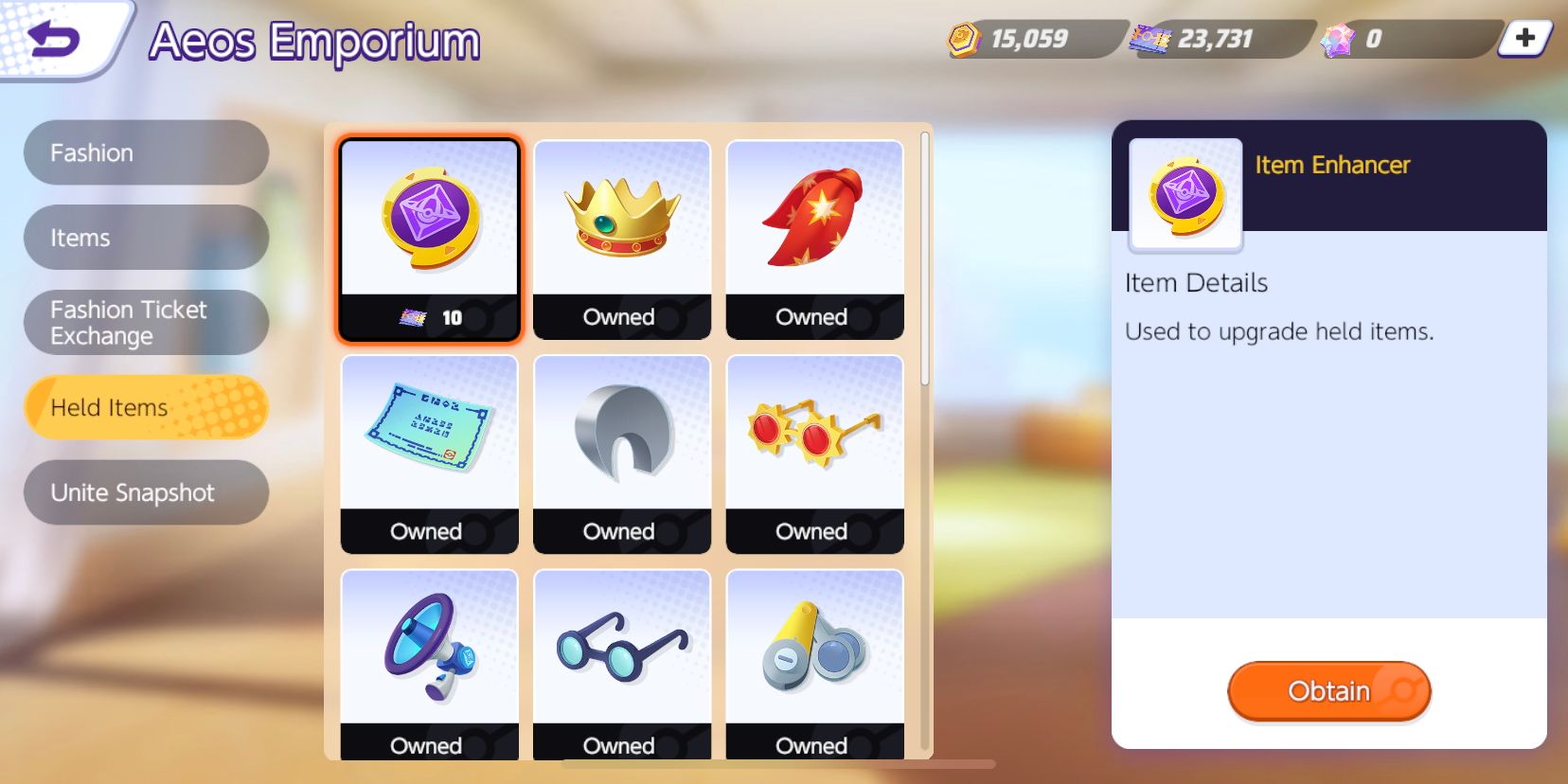 La boutique Pokemon Unite Aeos Emporium, avec les amplificateurs d'objets sélectionnés