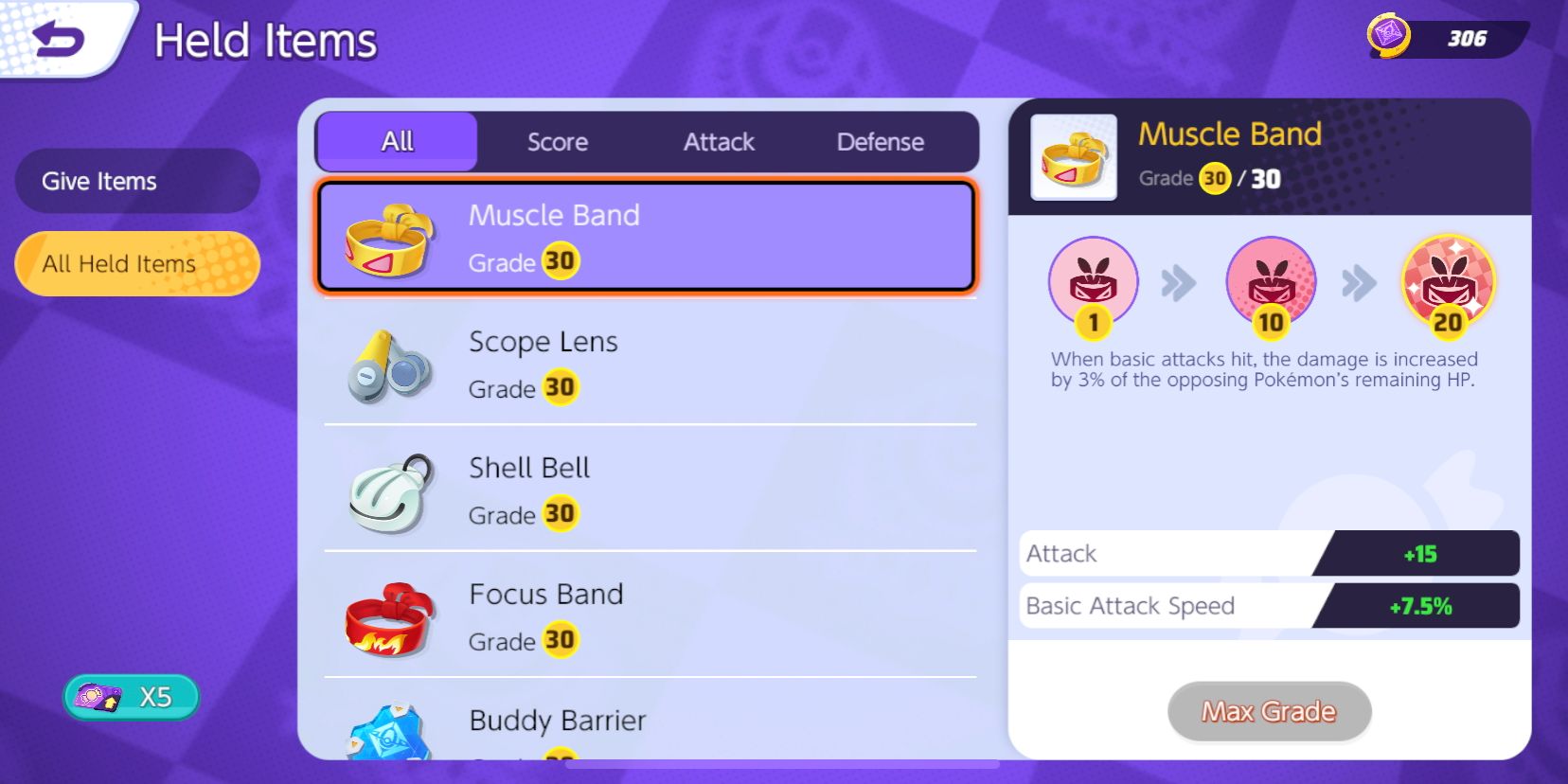 Écran de sélection d'objets en attente de Pokemon Unite, avec Muscle Band sélectionné