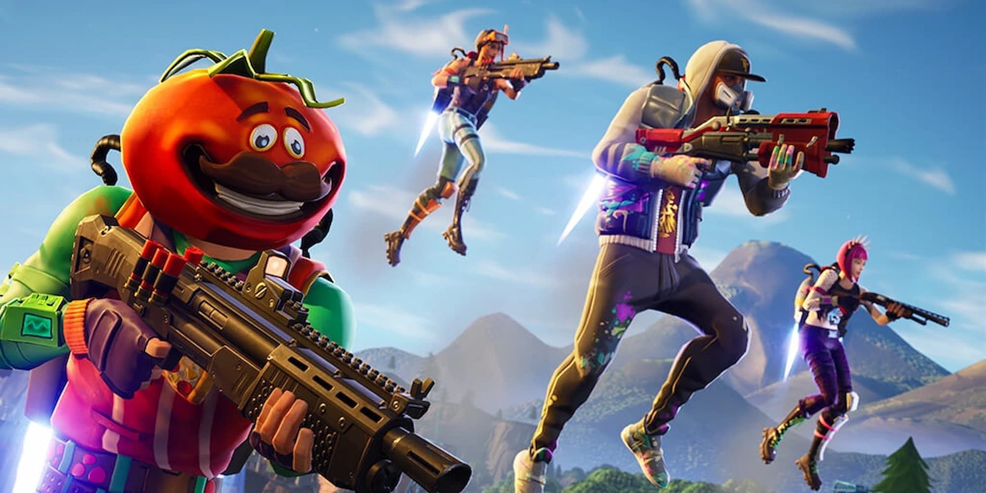 Plusieurs skins Fortnite jetpack en avant avec des fusils de chasse dans le Close Encounters LTM.