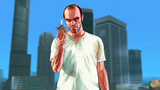 gta-6-tease-vice-city-gta-online-los-santos-drug-wars Trevor de GTA 5 sur fond de GTA Vice City de Rockstar Games