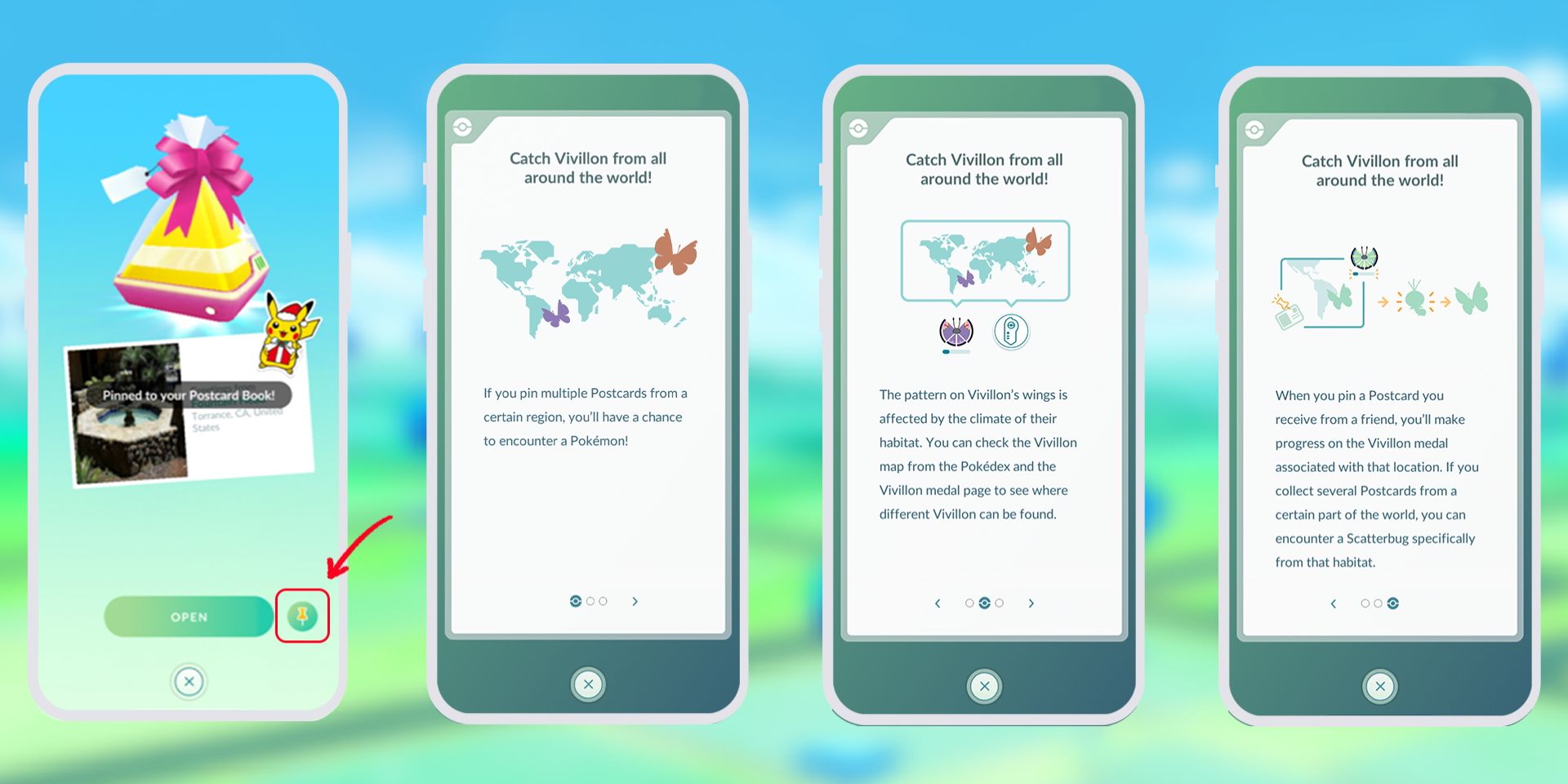 Images de quatre téléphones différents montrant les étapes nécessaires pour épingler un Pokemon Go Carte postale