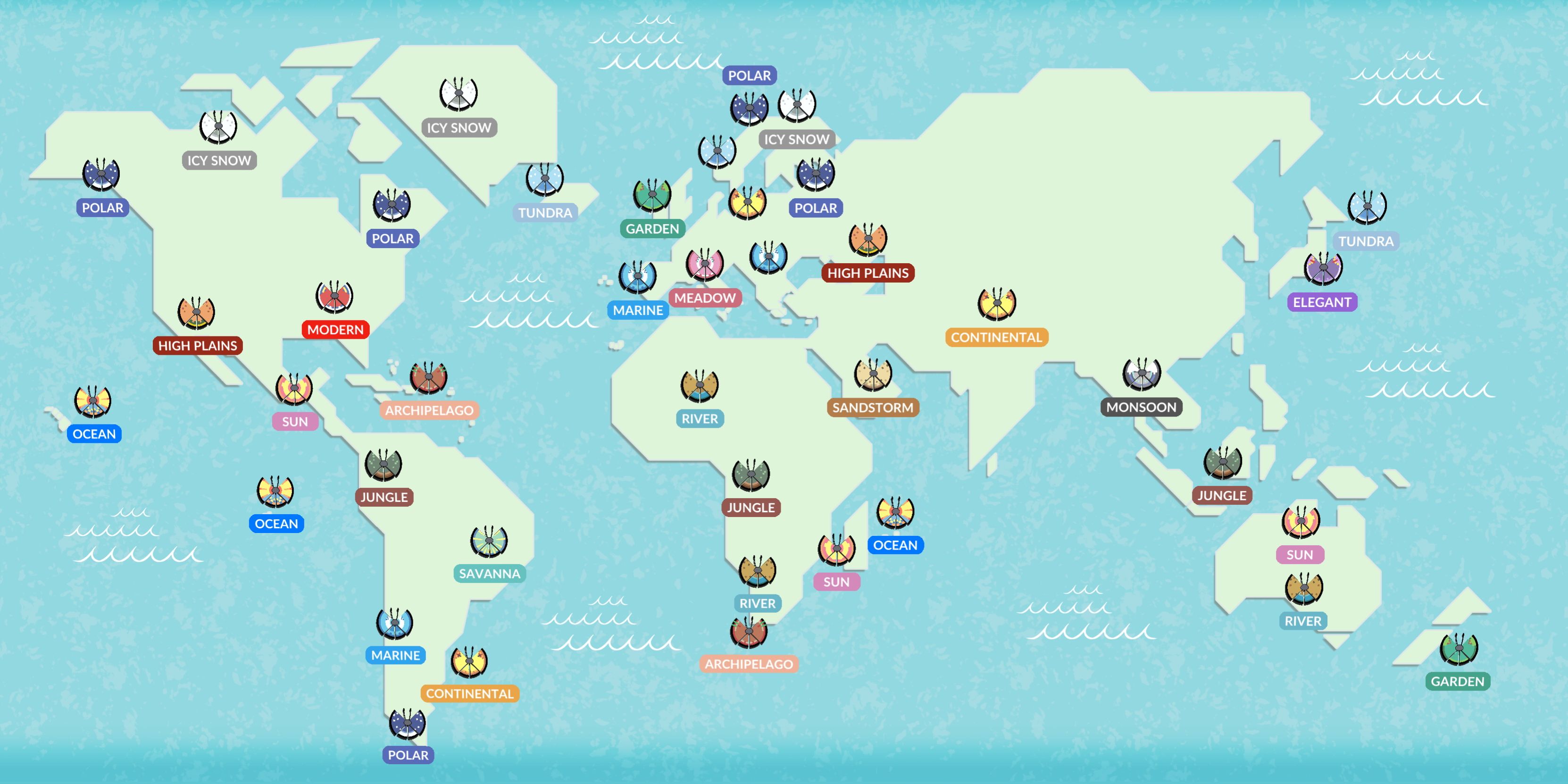 Une carte montrant différents modèles de Vivillon dans différentes régions du monde