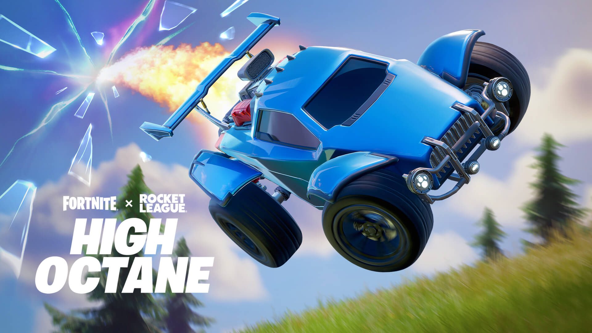 Fortnite X Rocket League Octane élevé Une photo de l'événement crossover Fortnite et Rocket League High Octane, montrant une voiture Rocket League tomber du ciel dans Fortnite
