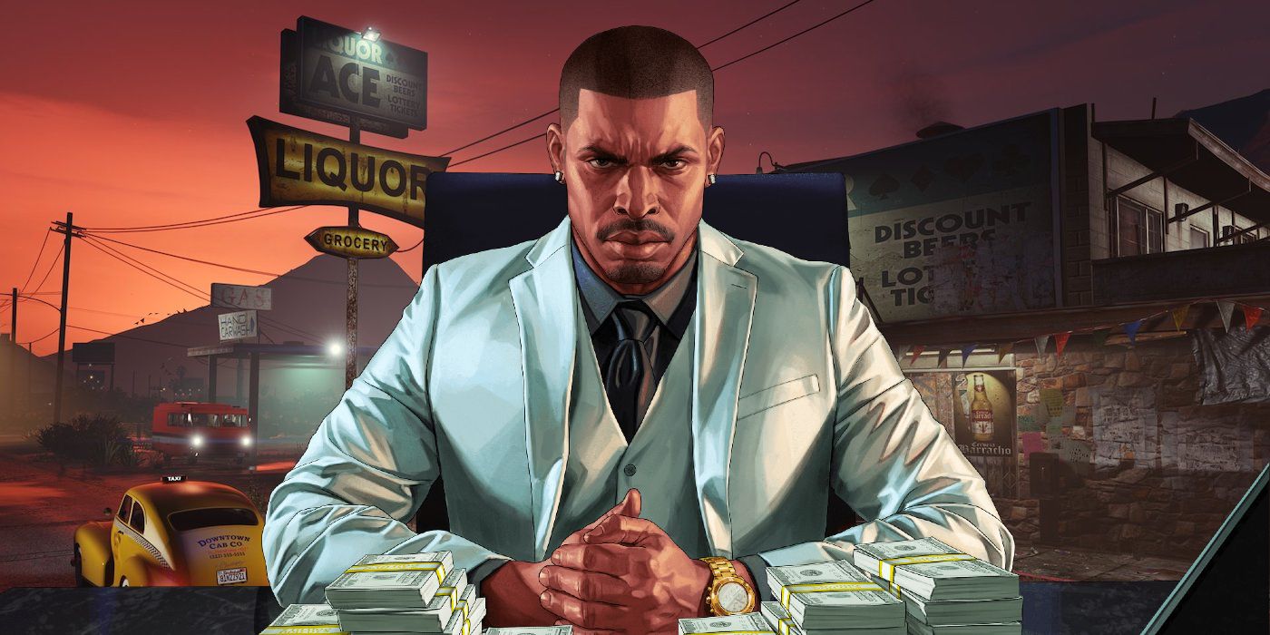 GTA Online character sitting at a table covered in stacks of cash