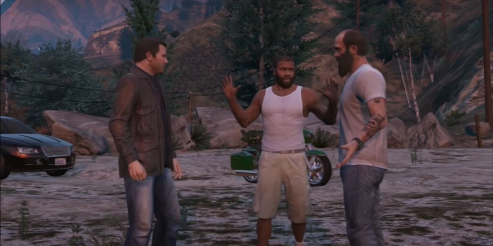 Mike, Franklin et Trevor discutent dans les montagnes dans GTA V