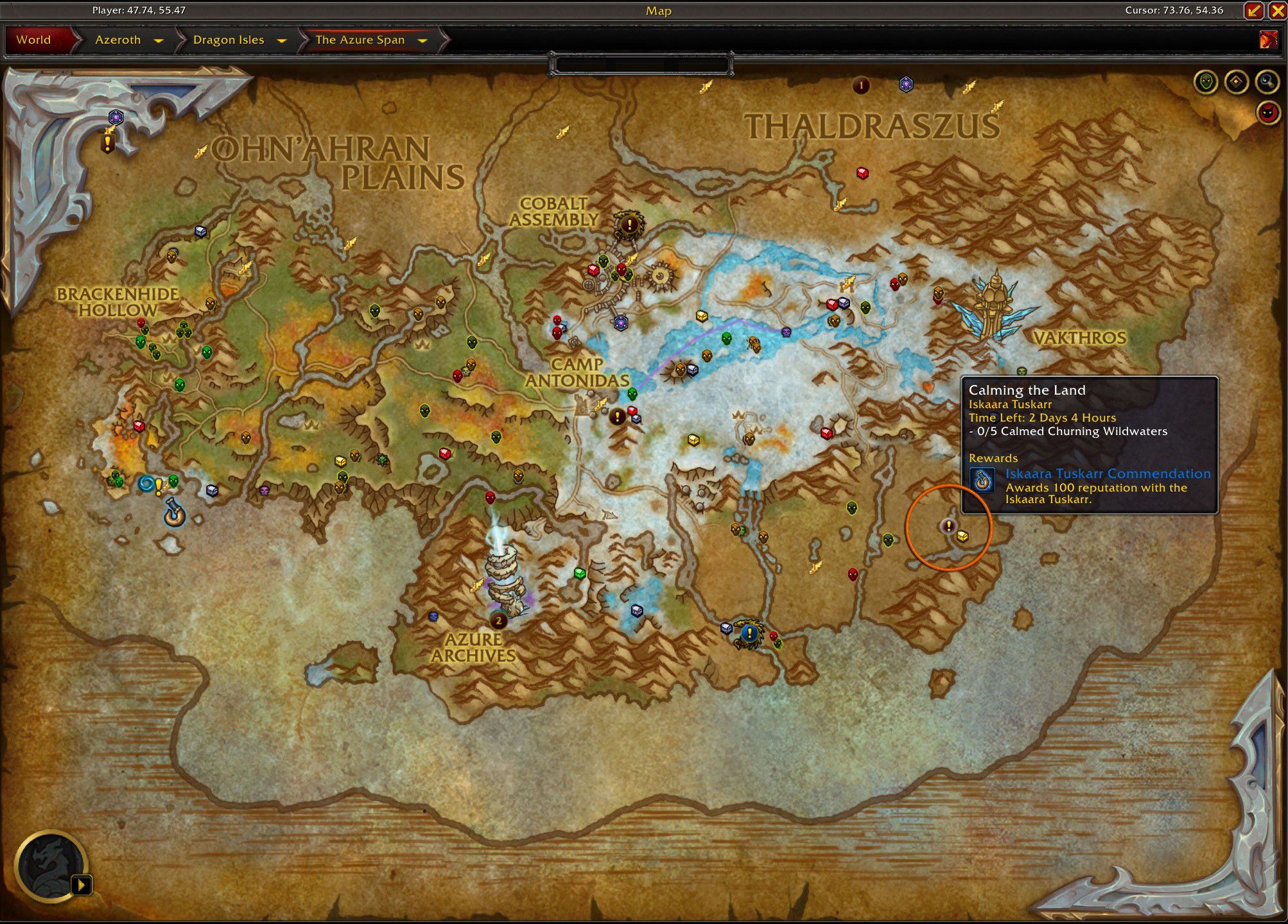 Emplacement de la carte de quête du monde Calmer la terre de WoW