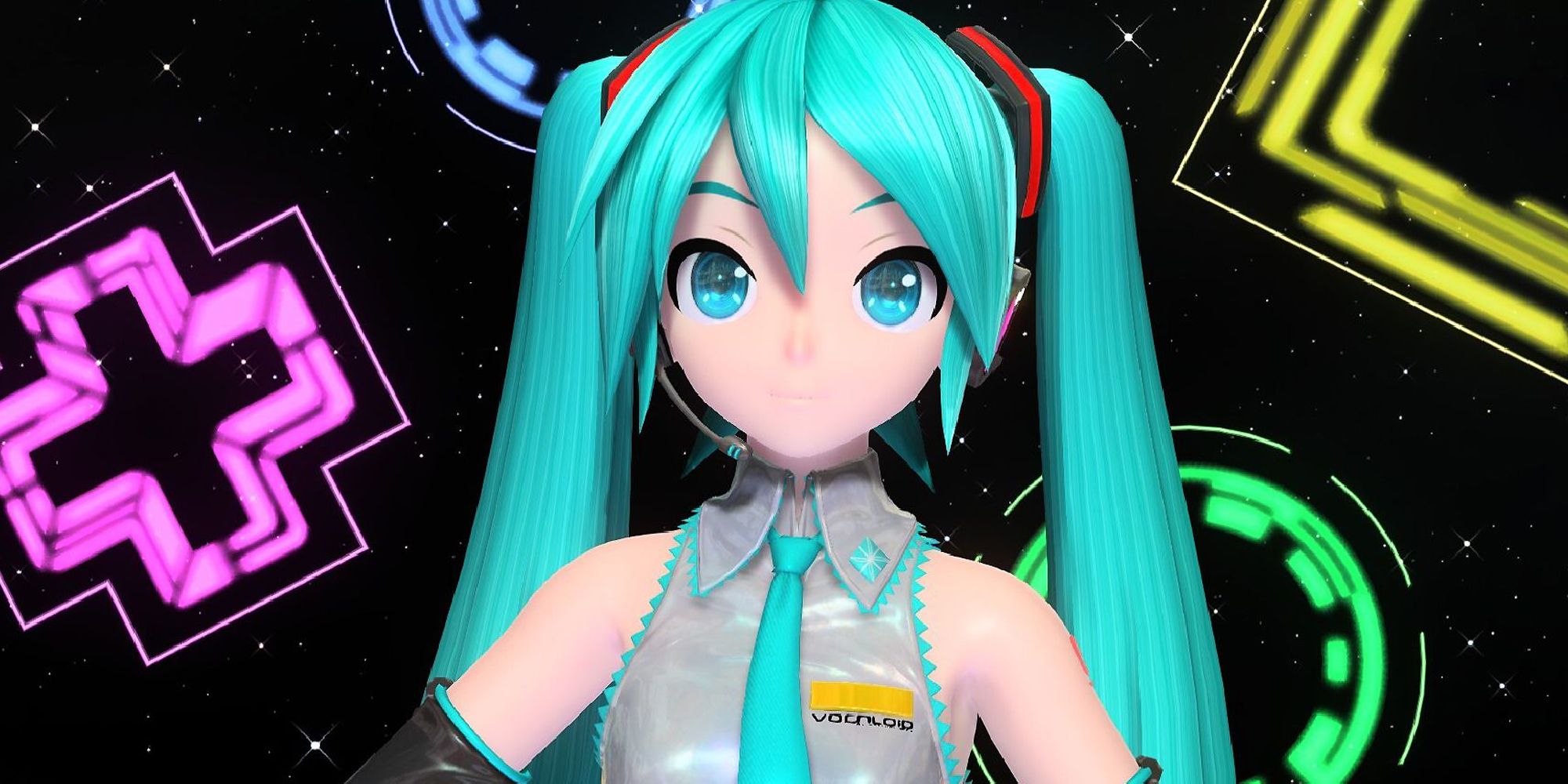 Hatsune Miku chante devant des croix, des cercles, des carrés et plus encore dans Project Diva Megamix+.