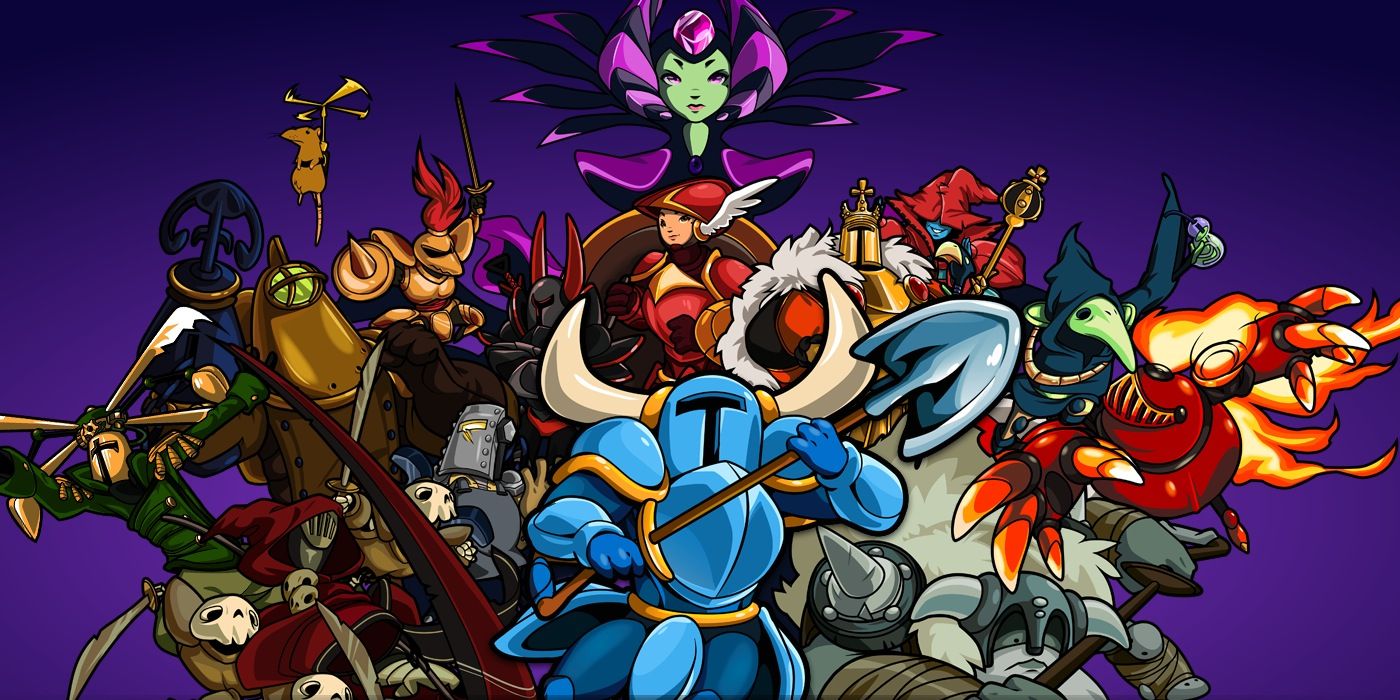 Illustration de Shovel Knight avec tous les personnages et ennemis regroupés sur un fond violet