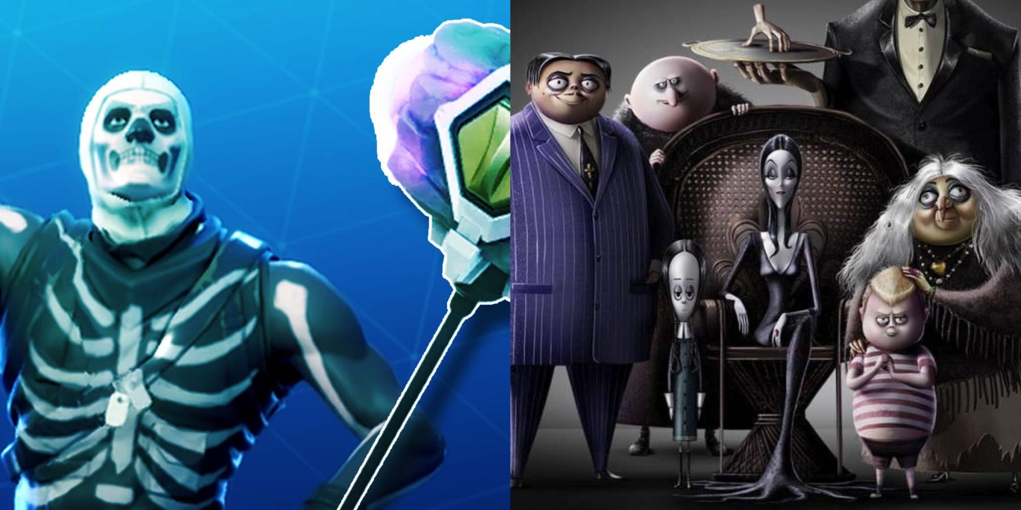 peau de squelette fortnite et marteau à onde de choc à côté du film de la famille Addams 