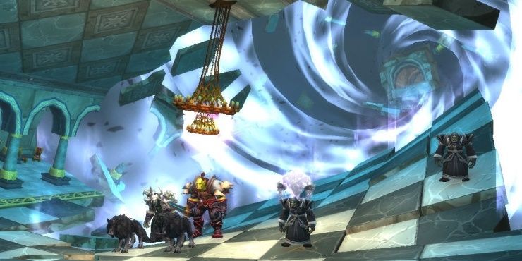Plusieurs PNJ se tenant dans un couloir déformé dans le jeu vidéo World of Warcraft