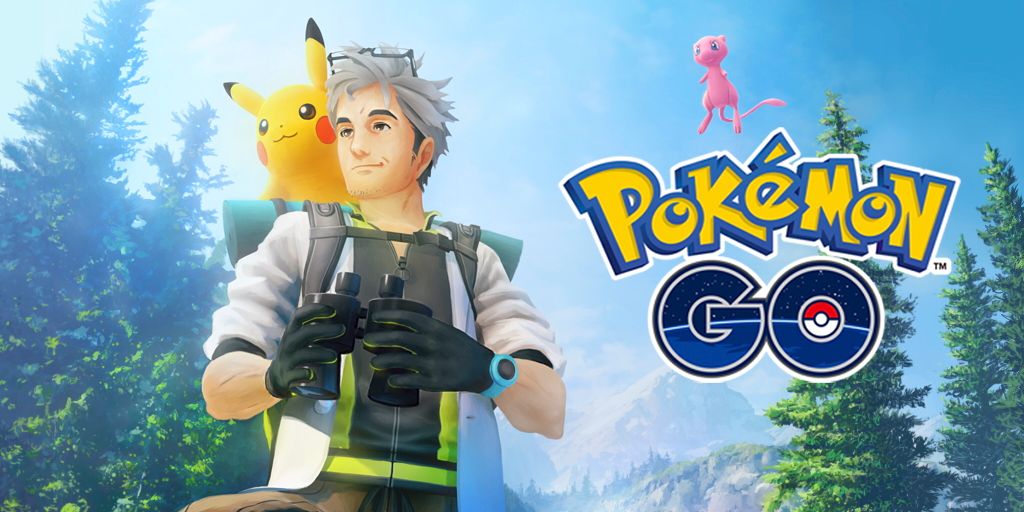 Professeur Willow avec Pikachu sur son épaule, avec Mew et le logo Pokemon Go sur la droite
