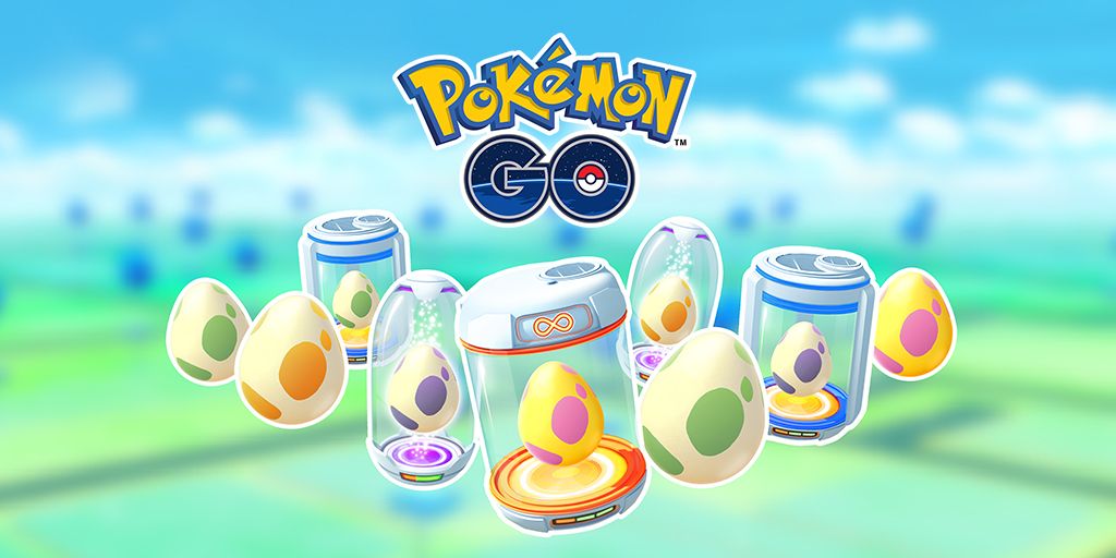 Plusieurs œufs et incubateurs Pokemon Go différents avec le logo Pokemon Go au-dessus d'eux