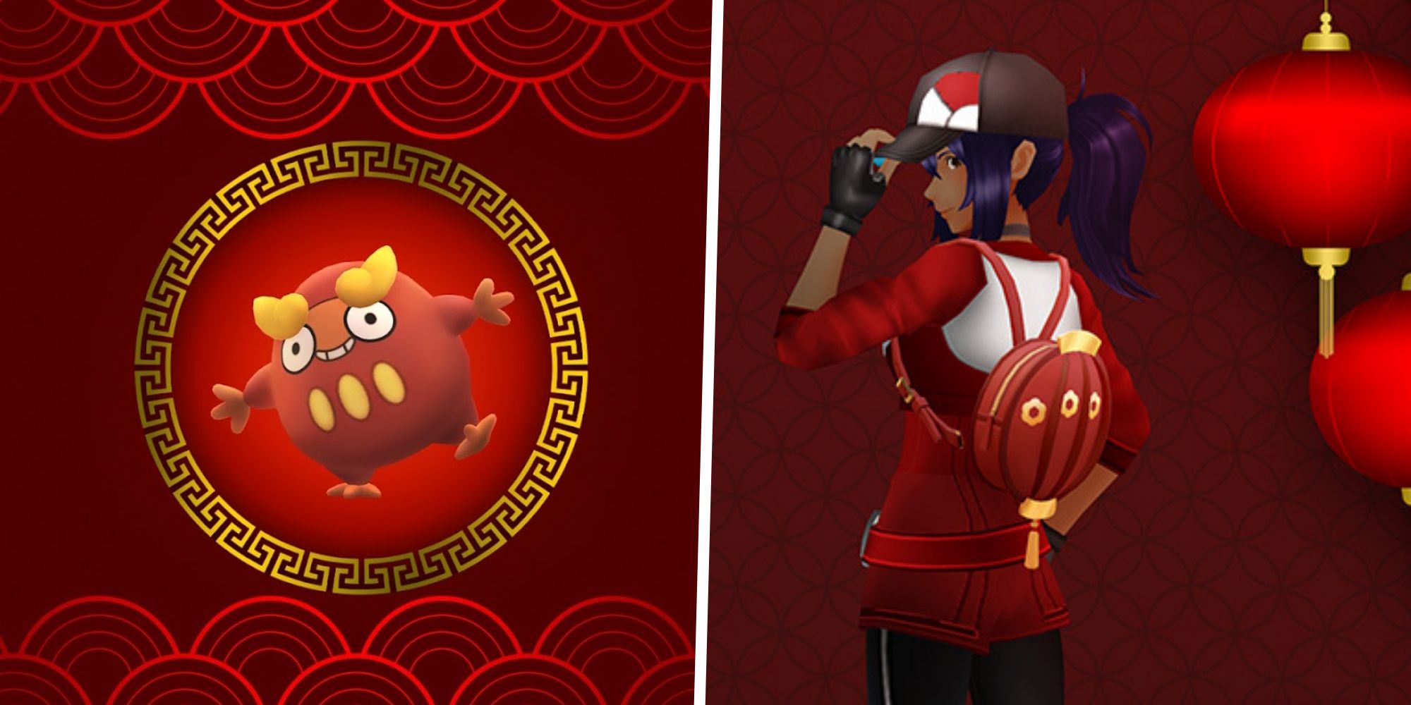 Darumaka in a gold circle split with an image of a Pokemon Go the Red Lantern Backpack