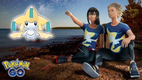 Pokemon Go Jirachi : Deux entraîneurs Pokemon en Go portant le t-shirt Wishing on a Jirachi, assis par terre au crépuscule, pointant vers le ciel.  Une image de Jirachi avec une bordure blanche brillante a été collée dans le coin supérieur gauche de l'image.
