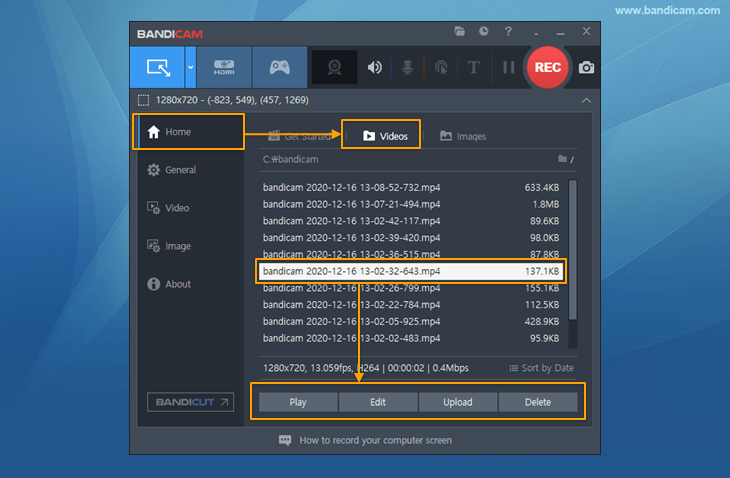 Bandicam, vidéos capturées