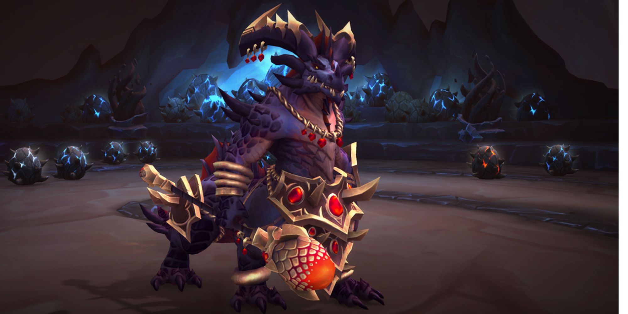 World of Warcraft : un dragon à quatre pattes brandissant un bâton tout en protégeant ses œufs