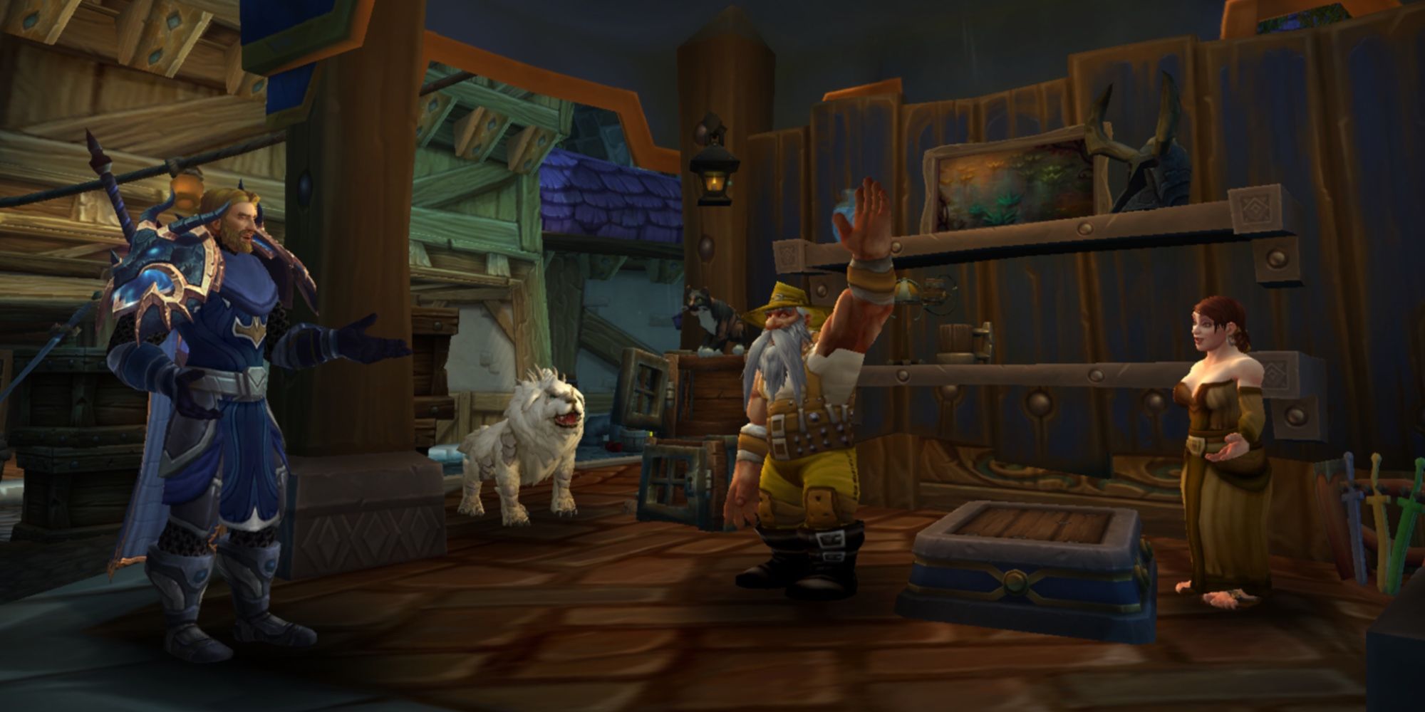 A Male Human Paladin Greeting The Trading Post Vendors, A Male and a Female Dwarf