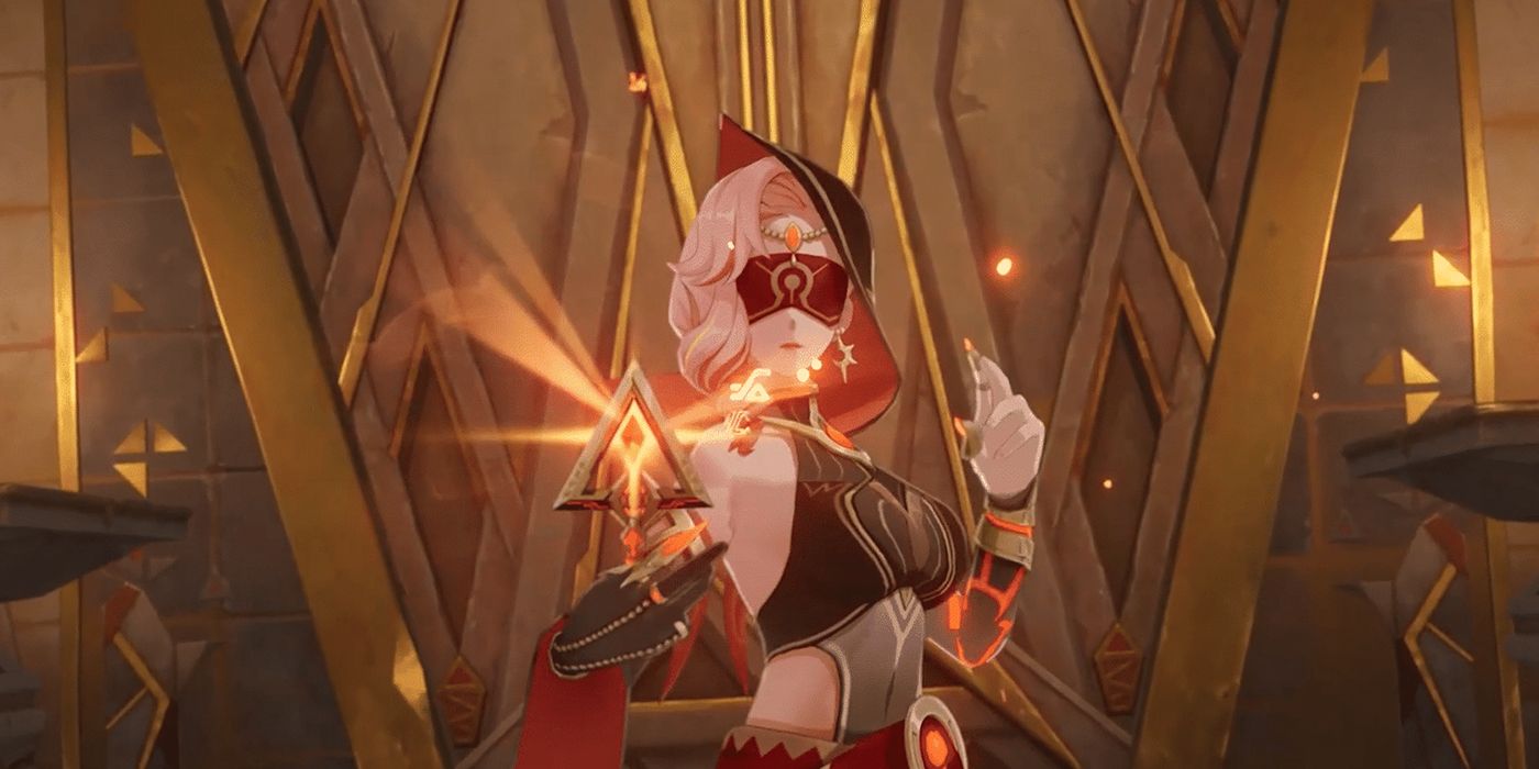 Genshin Impact New Eremite Enemy crée un sigil dans l'air sur un fond incrusté d'or