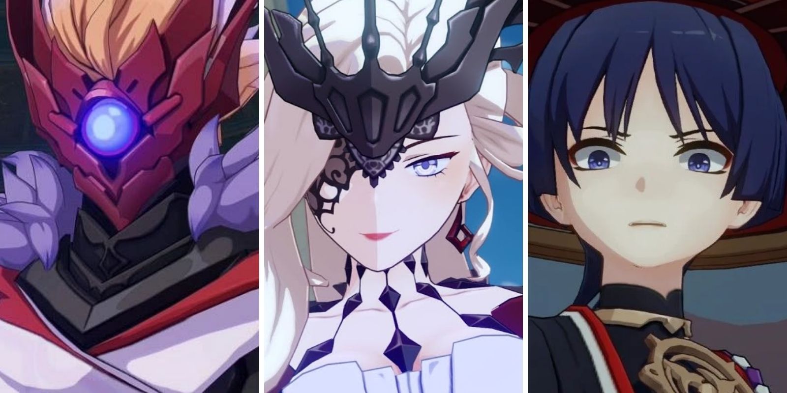 L'image divisée en trois voies Fatui Harbingers dans Genshin Impact.