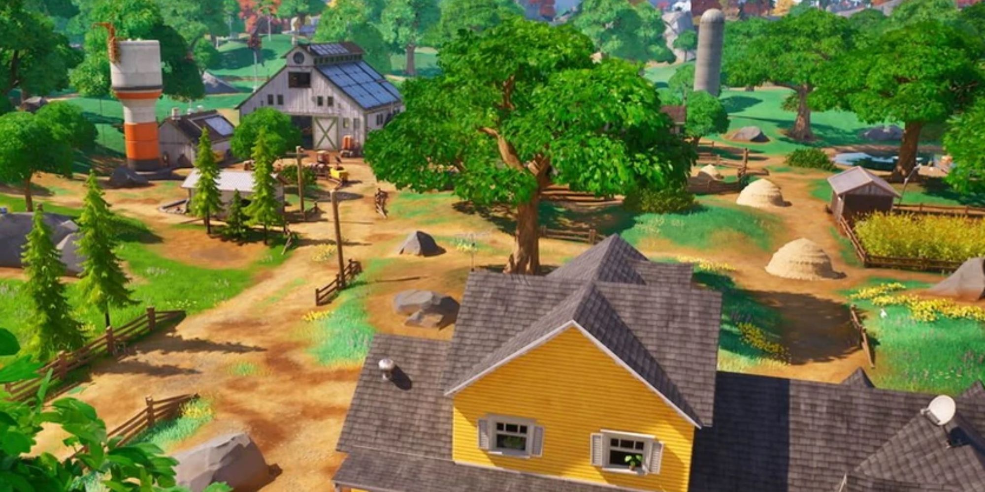 Une grange et une ferme pittoresques et colorées dans le chapitre 4 de Fortnite appelée Frenzy Fields.